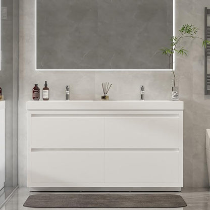 Vanity Art 60 Inch Double Sinks Floor Standing Bathroom Vanity Set 2 Drawers Storage Cabinet with White Engineered Stone Top Undermount Rectangle Sinks High-Glossy Finish