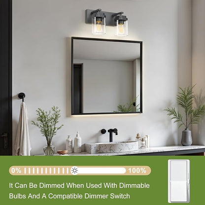 Black Bathroom Light Fixtures, 2 Lights Bathroom Lighting Fixtures Over Mirror, Square Design & Rectangle Large Backplate, Modern Vanity Lighting Fixtures, for Bathroom/Living Room/Bedroom