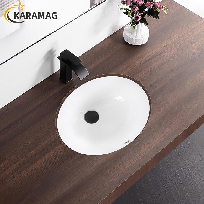 Undermount Bathroom Sink KARAMAG 18.4"x15" Oval Sink with Overflow White | 18.4 Inch Ceramic Oval Vanity Sink,Undermount Design,Easy to Clean,Modern Style,Ideal for bathroom,vanity, lavatory,restroom