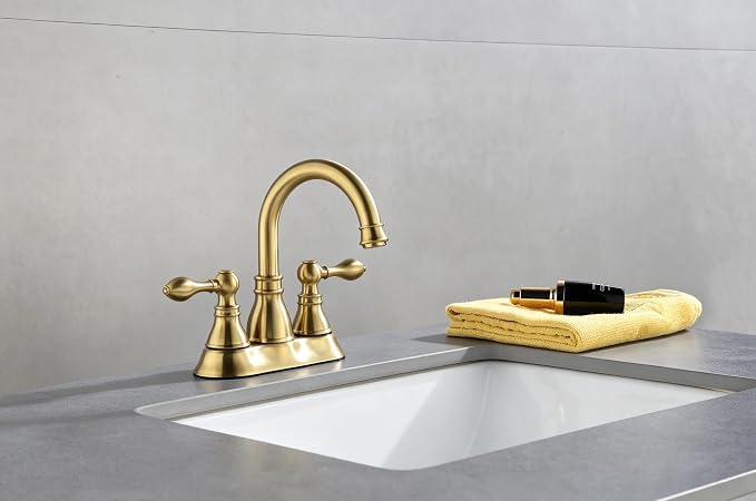 Two Handle Bathroom Sink Faucet 3 Hole with Overflow Pop up Drain, 360° Swivel Spout 4 Inch Centerset Lavatory Faucet Without Water Supply Lines,Brushed Gold,F-4501-CS