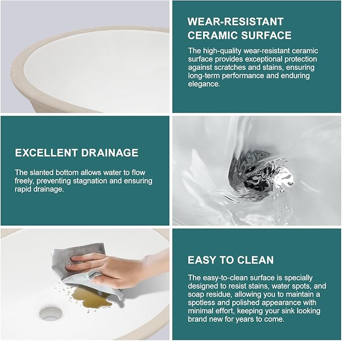Undermount Bathroom Sink 15''x13'' White Oval Porcelain Ceramic Under Counter Sink for Bathroom Vanity, Vanity Basin Lavatory Sink Vessel Small Bathroom Remodel and Replacement