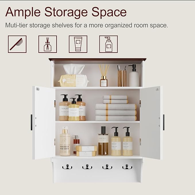VECELO Farmhouse Bathroom Wall Cabinet, Medicine Cabinet with 4 Hooks, Wall Mounted Storage Cabinet with Open Partition and Adjustable Shelves for Bathroom, Kitchen, Laundry Room, White