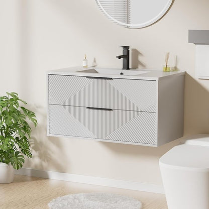 LUCKWIND 36" Floating Bathroom Vanity with Sink Combo, Wall Mounted Floating Cabinet with 2 Large Soft-Close Drawers & Water Saving Faucet, Geometric Textured Design in White