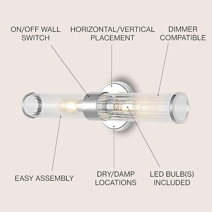 JONATHAN Y 23" Chrome Modern Mid-Century LED Vanity Light Sconce for Bathroom, Hallway, Bedroom Wall Mounted Fixture with Striped Clear Glass Shade, LED Bulb Included (JYL3538A)