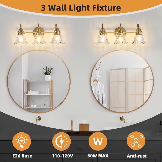 Bathroom Light Fixtures Over Mirror, 3 Lights Vintage Wall Sconces with Hammered Glass Shade, 19.3" Gold Bathroom Wall Light Fixtures for Bedroom, Porch, Hotel, Mirror Cabinet