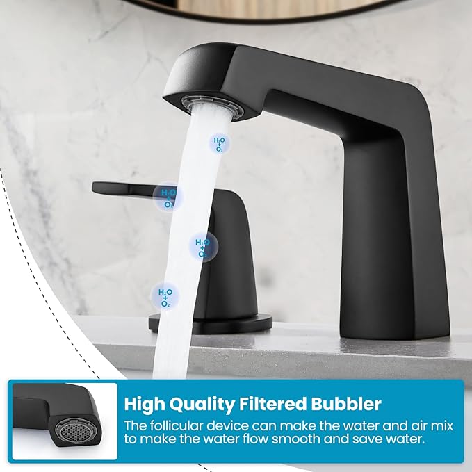 gotonovo Bathroom Sink Faucet 3 Holes 2 Handles Widespread 8 Inch Bathroom Faucet with Pop Up Drain Hot Cold Water Supply Lines Lavatory Vanity Mixer Tap, Thick Style, Matte Black