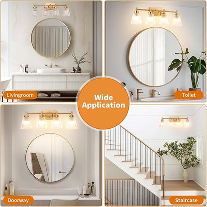 OCIOC 4-Light Bathroom Vanity Light, Burshed Gold Bathroom Light With Stripe Glass Shade, Makeup Light over Mirror, Wall Mounted Sconces for Living room, Kitchen, Hallway