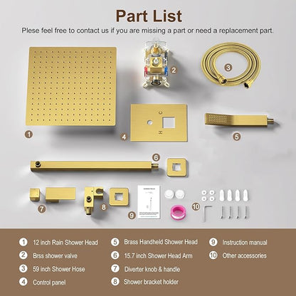 JOMEOO® 12 Inch Brushed Gold Shower System, Wall Mounted High Pressure Rain Shower Head with Handheld Sprayer, Bathroom Luxury Gold Shower Head Shower Faucet Set Rough in Valve Body and Trim