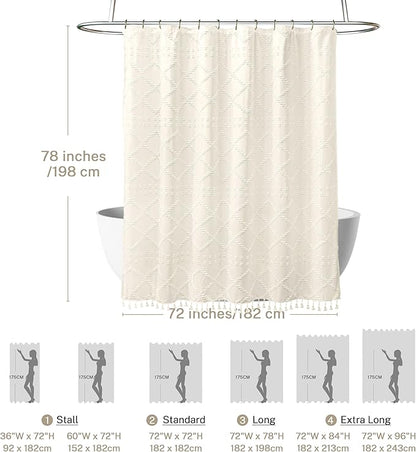 Extra Long Cream Boho Shower Curtain, 72 x 78 Tufted Chevron Textured Striped Modern Farmhouse Minimalist Woven Fabric for Bathroom