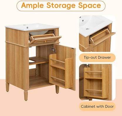 20" Small Bathroom Vanity with Ceramic Sink,Modern Freestanding Storage Cabinet w/Tilt-Out Drawer and Soft-Close Door,Adjustable Shelf,Solid Pinewood Frame for Bath/Powder/Guest Room,Wood