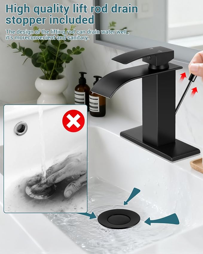Black Waterfall Bathroom Faucet Single Handle with Lift Rod Drain | Bathroom Sink Faucet,Stainless Steel,supply hoses Deck included,1 or 3 Hole,Fits home,RV,farmhouse bathrooms