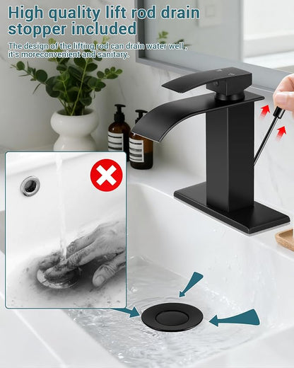Black Waterfall Bathroom Faucet Single Handle with Lift Rod Drain | Bathroom Sink Faucet,Stainless Steel,supply hoses Deck included,1 or 3 Hole,Fits home,RV,farmhouse bathrooms