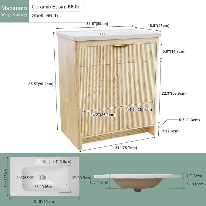 32 Inch Bathroom Vanity with Sink, Bathroom Vanity Cabinet with Single Sink, Bath Vanities with 2 Doors and 1 Flip Drawer, Natural Oak (19" D x 32" W x 36" H)