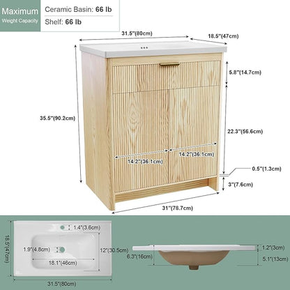 32 Inch Bathroom Vanity with Sink, Bathroom Vanity Cabinet with Single Sink, Bath Vanities with 2 Doors and 1 Flip Drawer, Natural Oak (19" D x 32" W x 36" H)