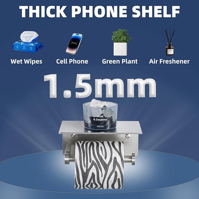 Toiler Paper Holder with Phone Shelf, Brushed Nickel, Wall Mounted | 304 Stainless Steel, Rust-resistant Tissue Holder for Bathroom Restroom Powder Room, Stable Paper Roll & Phone Storage