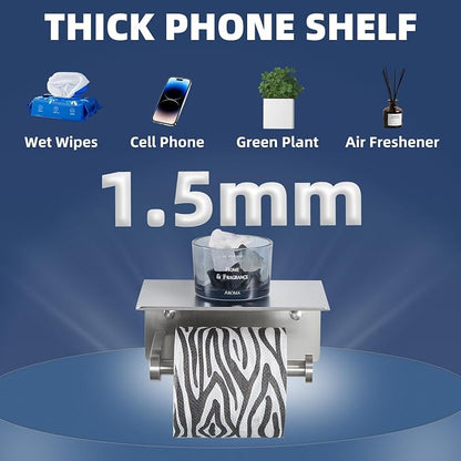 Toiler Paper Holder with Phone Shelf, Brushed Nickel, Wall Mounted | 304 Stainless Steel, Rust-resistant Tissue Holder for Bathroom Restroom Powder Room, Stable Paper Roll & Phone Storage