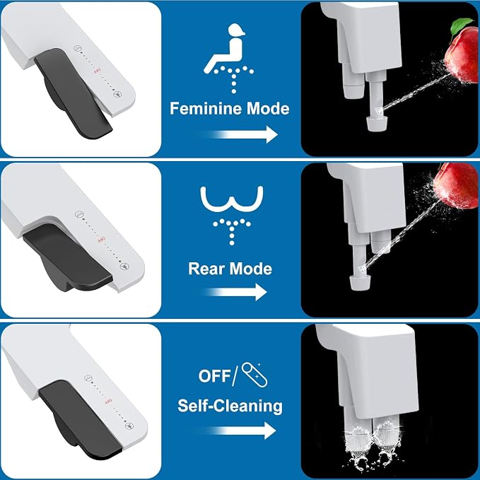 Bidet Attachment for Toilet, Toilet Bidet with Dual Self-Cleaning Nozzles, Rear and Feminine Wash, Adjustable Spray Pressure, Easy Installation, Hygienic Bathroom Accessory, Black