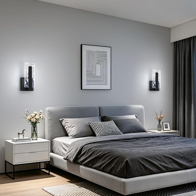 Modern LED Acrylic Black Wall Sconce, 6000K Cool White Bathroom Wall Sconces Set of 2, Hardwired Wall Mount Light Fixtures, 8W Indoor Wall Light Fixtures for Living Room Corridor Bedside