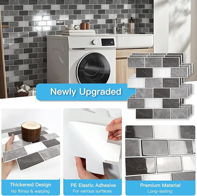 Art3d 10-Pack Subway Tiles Peel and Stick Backsplash, Granite, 12 x 12 Inch | Thickened Design, No Warping, Durable, Self-Adhesive, Sturdy, for Kitchen, Bedroom, Ideal for New Home Buyers, Future Movers