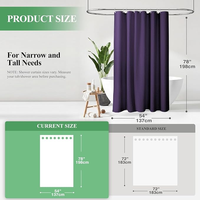 Stall Waffle Shower Curtain 256 GSM Heavy Fabric 54x78 Purple | 54 x 78 Inch Long, Thick Cloth, Weighted Hem, Water Repellent, Hotel Luxury Polyester Shower Curtains for Bathroom 10 Hooks