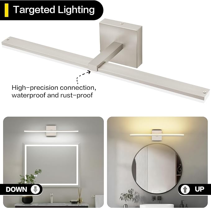 24 Inch Bathroom Light Fixtures Over Mirror Brushed Nickel Arm Design Wide LED Vanity Bar 5CCT 2900K 6000K 18W 1440lm