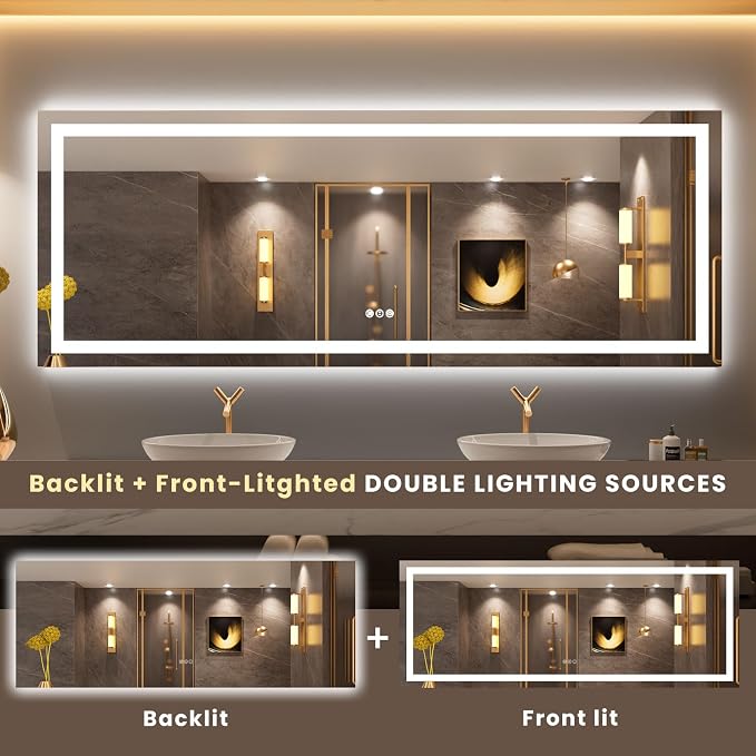 LOAAO 84"X32" LED Bathroom Mirror with Lights, UL Listed | Anti-Fog, Dimmable, 3 Color Temperature, Backlit + Front Lit, Memory Function, Tempered Glass