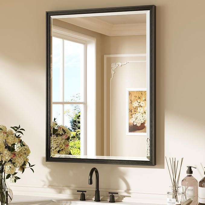 Keonjinn 24"x32" Black Bathroom Mirrors for Over Sink, Aluminum Alloy Frame | Tempered Glass with Beveled Edge, French Cleat, Lightweight, Rectangular Modern Farmhouse Mirrors for Wall Decor, Hallway