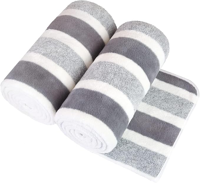 JML Bath Towels, 2 Pack, 27x55 in, Microfiber, Stripe Grey | Soft, Super Absorbent, Quick Dry, Lint-Free, Lightweight Bathroom Towel with Hanging Loop for Daily Use