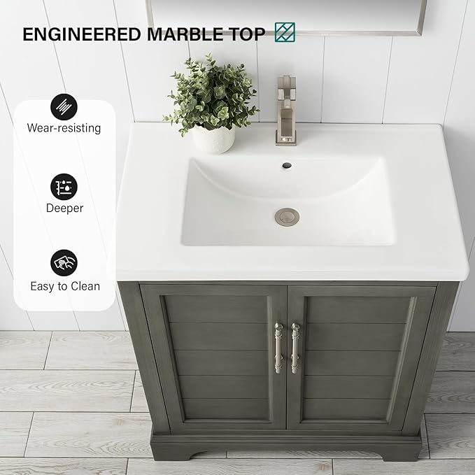 HOMEBEYOND 30 Inch Bathroom Vanity with Single Sink & Ceramic Top, Vanity Cabinet with Center Countertop Basin, Soft-Closing Doors,Sliver Grey