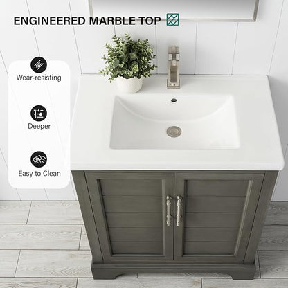 HOMEBEYOND 30 Inch Bathroom Vanity with Single Sink & Ceramic Top, Vanity Cabinet with Center Countertop Basin, Soft-Closing Doors,Sliver Grey