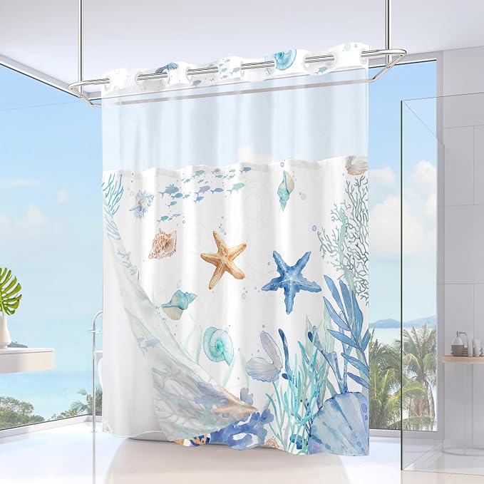 No Hook Shower Curtain and Liner Set, Watercolor Blue Beach Coastal 71x84 | Nautical Ocean for Bathroom, with Snap in Liner Replacement, Mesh Top Window, Waterproof, Machine Washable, Quick-Drying