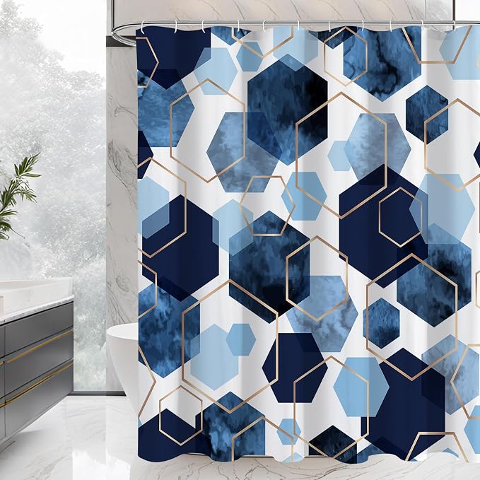Litabel Long Shower Curtain for Bathroom, Geometric Bathroom Decor 72x78 | Long Modern Minimalist Shower Curtais, Blue Geometric Art Print Abstract Waterproof Bath Curtain