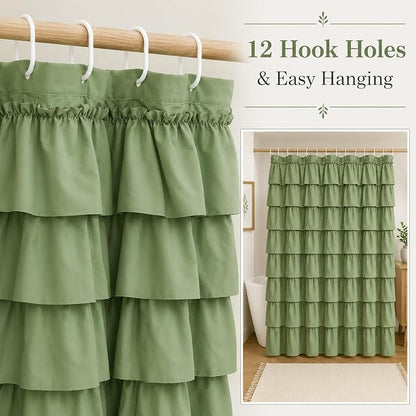 Green Ruffle Shower Curtain for Bathroom, 36x72 inch, 1 Panel, 6ft | Elegant Ruffled Drape, Cottagecore Bathroom Style, Shabby Chic Ruffles, 36 x 72, 12 Hooks Included, Machine Washable, Cloth