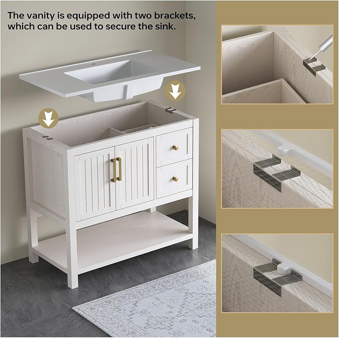 36 Inch Bathroom Vanity with Sink, White | Modern Vanity with gold hardware, integrated SMC sink, 2 drawers, open shelf storage, soft-close doors and adjustable feet