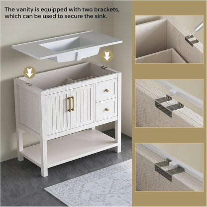 36 Inch Bathroom Vanity with Sink, White | Modern Vanity with gold hardware, integrated SMC sink, 2 drawers, open shelf storage, soft-close doors and adjustable feet