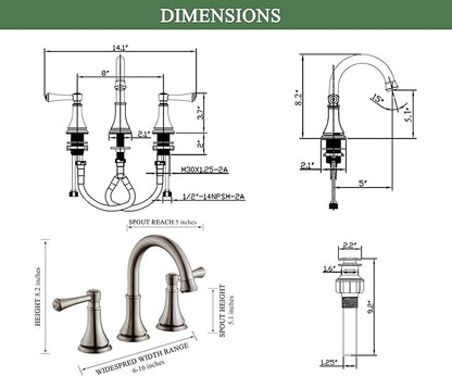 2 Handle 8 inch Widespread Bathroom Sink Faucet Brushed Nickel with Pop-Up Drain, High Arc Modern Bathroom/Vanity/Lavatory Faucet 3 Holes with Brass 360° Swivel Spout, TAF830Y-BN