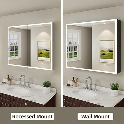 Buruis 36 x 32 Inch Medicine Cabinet with LED Lights and Mirror, Recessed/Wall Mounted Bathroom Cabinet, 3-Color Light, Defogger, Memory Function, Outlet & USB, Dimmer, Black