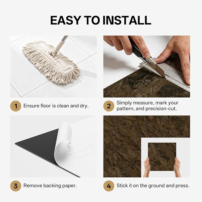 ATOPOSE Peel and Stick Floor Tile -10 Pack 12"x12"(Covers 10 Sq.Ft) —Amber Brown Marble Look, Waterproof and Easy DIY for Kitchen Living Room Hallroom Rental Friendly