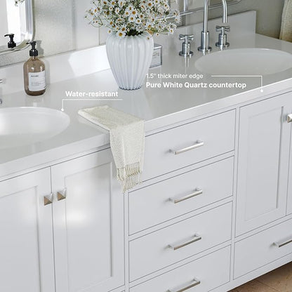ARIEL Cambridge 72-inch Bathroom Vanity with Sink,Solid Wood, 1.5-inch Pure White Quartz Countertop & Backsplash, Double Oval Porcelain Sink, 4 Soft Closing Doors, 6 Dovetail Drawers, White