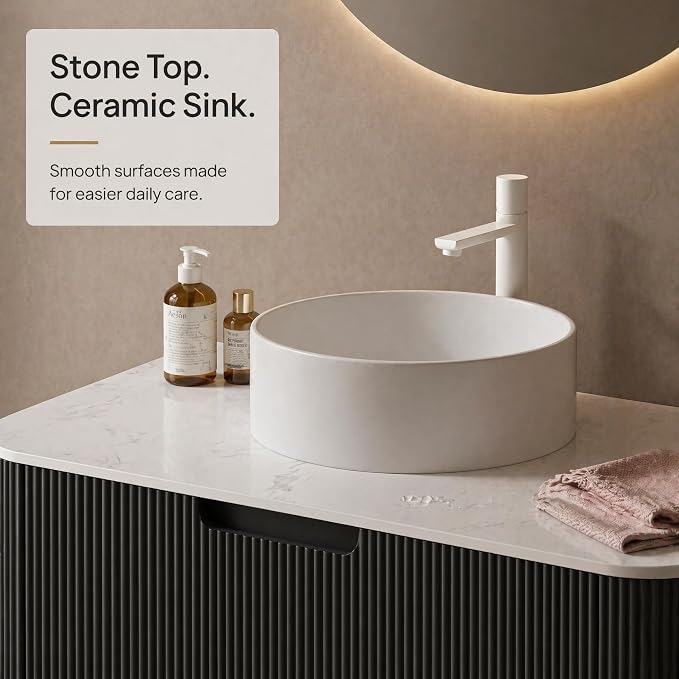 36 Inch Bathroom Vanity with Sink, Floating Wall Mounted Single Sink Vanity, Black Curved Fluted Front, Stone Top, Pure White Round Vessel Basin, Pre-Assembled