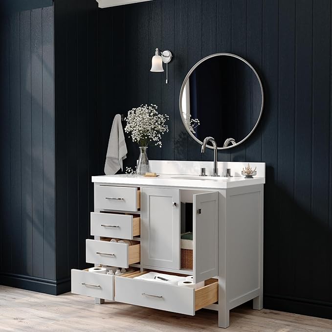 ARIEL Cambridge 42-inch Bathroom Vanity with Sink,Solid Wood, 1.5-inch Pure White Quartz Countertop & Backsplash, Single Oval Porcelain Sink, 2 Soft Closing Doors, 5 Dovetail Drawers, Grey