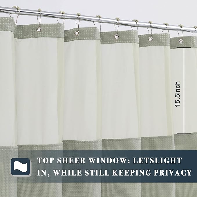 N&Y HOME Waffle Weave Shower Curtain with Snap-in Liner Sage Green, 71x72 | 12 Metal Hooks Included, Snap on Fabric Liner, Mesh Window, Washable, Hotel Style Sage Shower Curtain Set for Bathroom