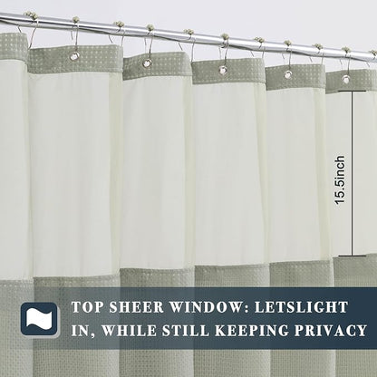 N&Y HOME Waffle Weave Shower Curtain with Snap-in Liner Sage Green, 71x72 | 12 Metal Hooks Included, Snap on Fabric Liner, Mesh Window, Washable, Hotel Style Sage Shower Curtain Set for Bathroom