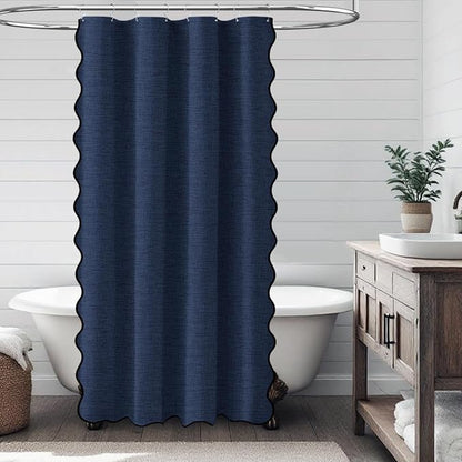 BTTN 48x72 Boho Scalloped Linen Textured Cloth Shower Curtain, Navy Blue | Stall Size, 230GSM Waterproof Polyester, Heavy Duty Fabric, 8 Plastic Hooks, Elegant Modern Farmhouse Style, Machine Washable