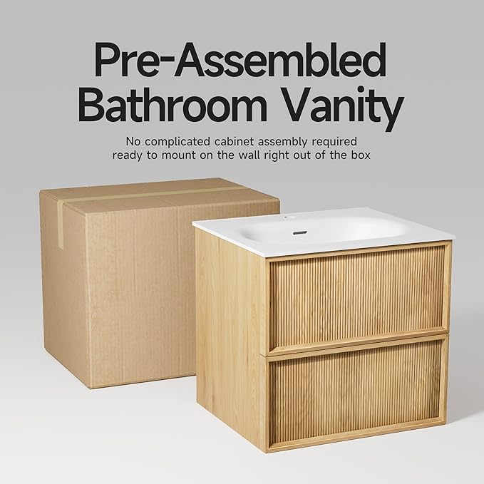 32" Japandi Floating Bathroom Vanity with Sink, Pre-Assembled Natural Oak Multi-Layer Solid Wood Bathroom Sink Vanity, Wall Mounted with Integrated Stone Top and 2 Soft Close Drawers