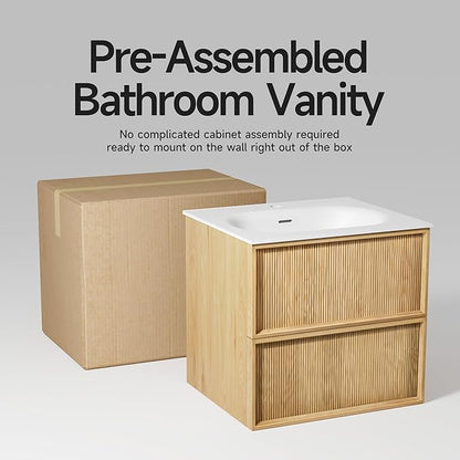 32" Japandi Floating Bathroom Vanity with Sink, Pre-Assembled Natural Oak Multi-Layer Solid Wood Bathroom Sink Vanity, Wall Mounted with Integrated Stone Top and 2 Soft Close Drawers