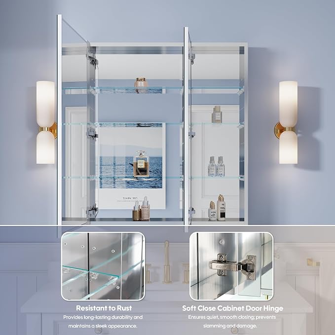WELLFOR 32" x 36" Bathroom Medicine Cabinet with Mirror, Anodized Chrome Aluminum Frame, Surface Mount or Recessed Medicine Cabinet with Mirror, Bathroom Mirror with Storage, Double Doors