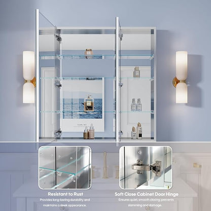 WELLFOR 32" x 36" Bathroom Medicine Cabinet with Mirror, Anodized Chrome Aluminum Frame, Surface Mount or Recessed Medicine Cabinet with Mirror, Bathroom Mirror with Storage, Double Doors