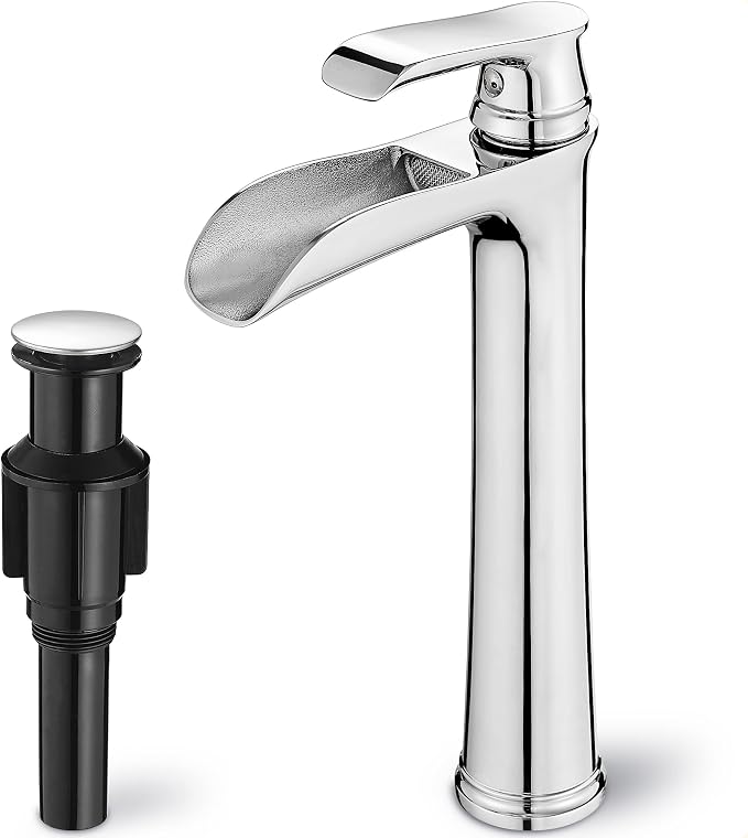 Bathroom Waterfall Faucet, Brass Tall Chrome Bathroom Faucet One Handle, Vessel Sink Faucet 1 Hole, Faucet for Bathroom Sink with Pop-Up Drain & Supply Hoses for Vanity Lavatory RV Farmhouse