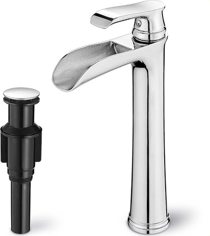 Bathroom Waterfall Faucet, Brass Tall Chrome Bathroom Faucet One Handle, Vessel Sink Faucet 1 Hole, Faucet for Bathroom Sink with Pop-Up Drain & Supply Hoses for Vanity Lavatory RV Farmhouse
